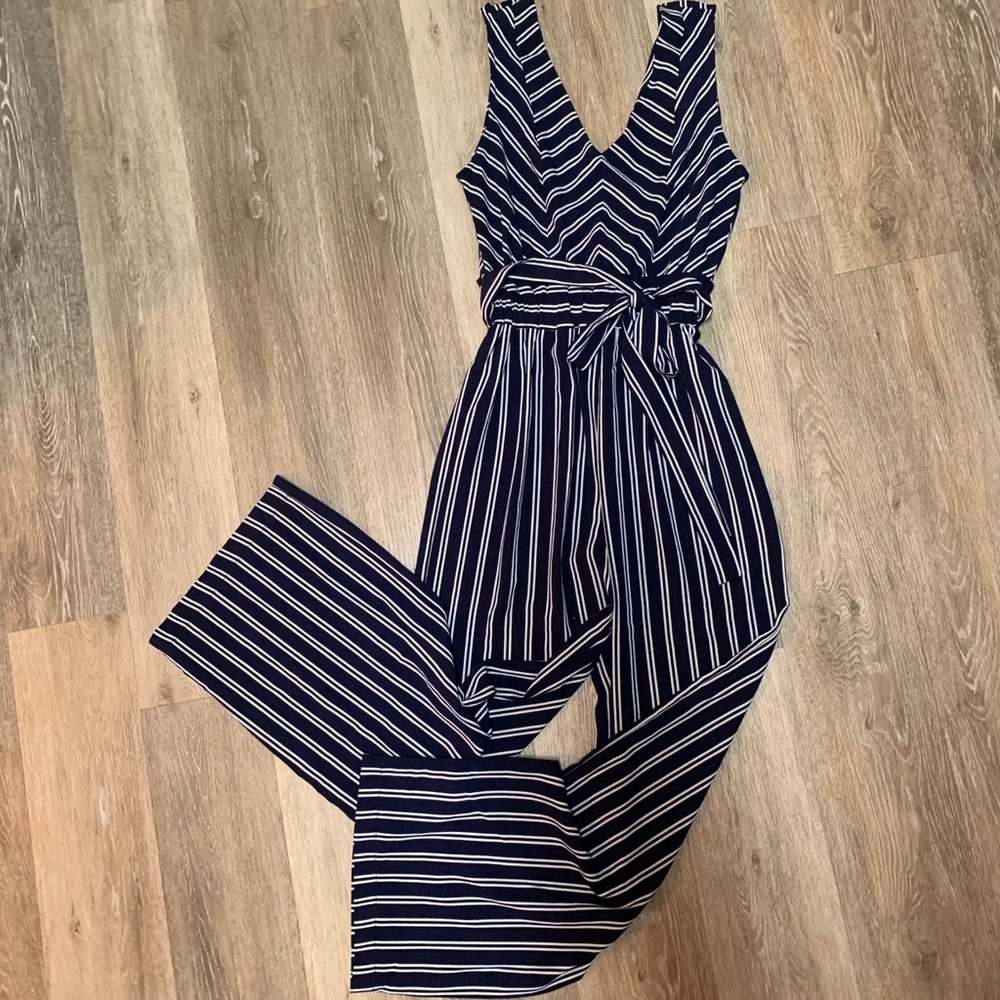 Monteau Striped Waist Detail Sleeveless Jumpsuit